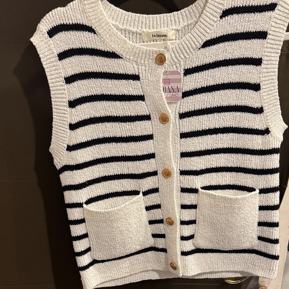 La Heaven Striped Knit Vest in Black and White